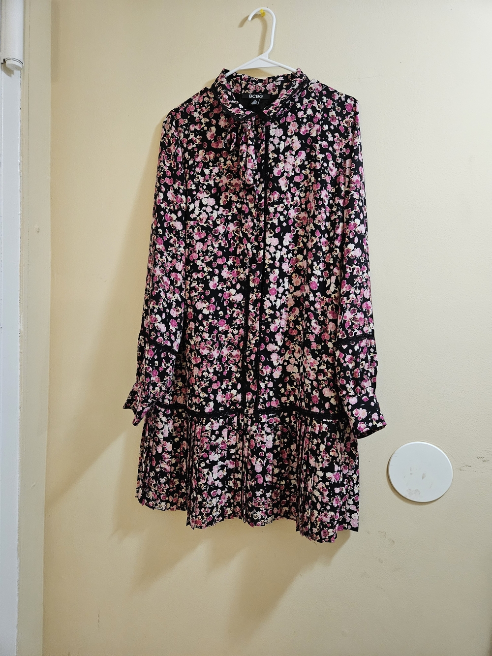 BCBG Black Floral Long Sleeve Mini Dress with Pink Flowers